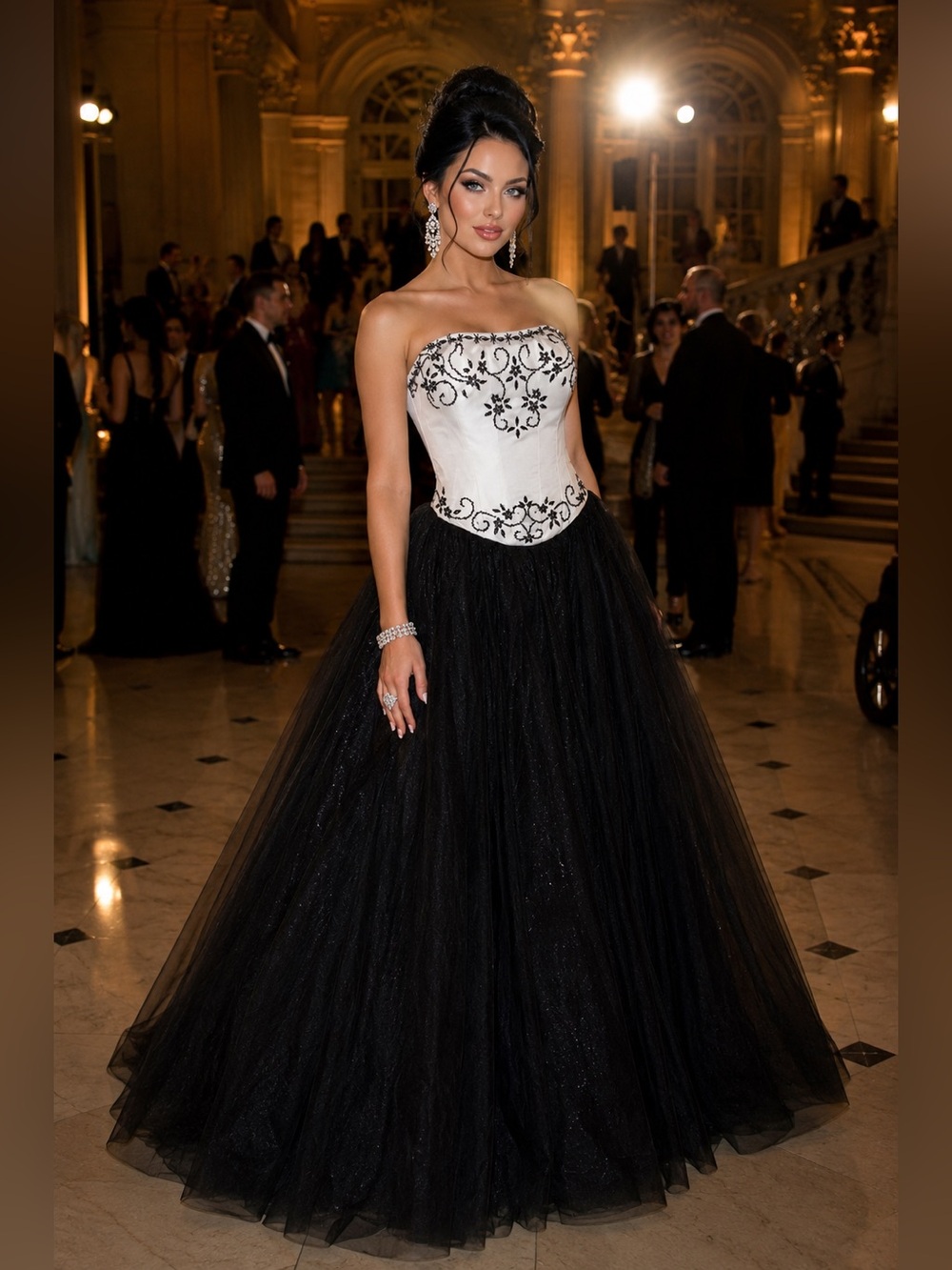 Tiffany Designs Strapless Black Tulle Ball Gown with White Embroidered Bodice
